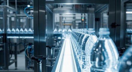 Fototapeta premium Plastic water bottles are moving on a conveyor belt in a bottling factory, representing industrial production, automation, and the beverage industry