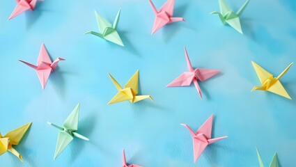 Obraz premium Colorful origami cranes scattered on a textured blue background