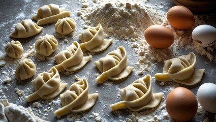 Dumplings or tortellini pasta with eggs and flour on a floured surface.