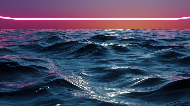 Abstract Ocean Waves at Sunset with Colorful Horizon and Digital Light Effects - Powered by Adobe