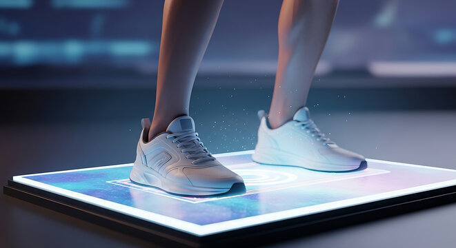 A pair of white sneakers are displayed on a glowing futuristic platform