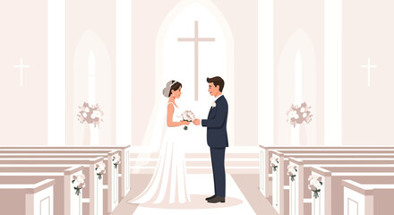 Elegant Wedding Ceremony In Church With Cross Background And Happy Couple