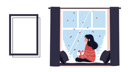 Cozy Winter Scene Woman Admiring Snowfall With Present By The Window