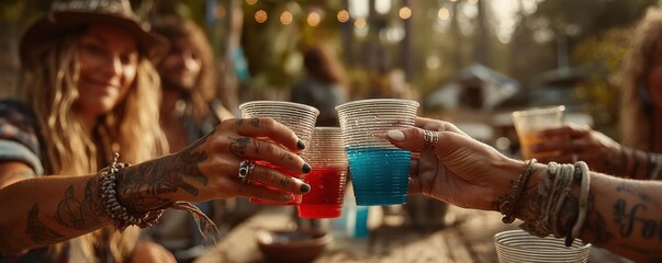 Group of friends celebrating outdoors with colorful drinks in plastic cups