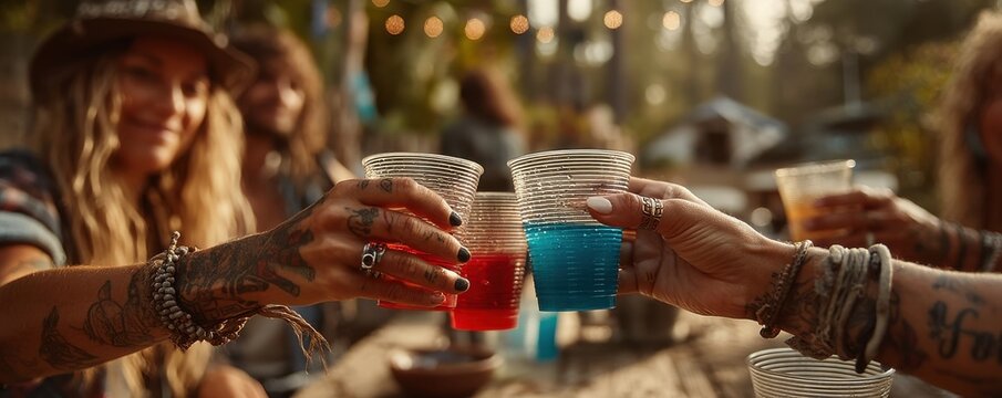 Group of friends celebrating outdoors with colorful drinks in plastic cups - Powered by Adobe