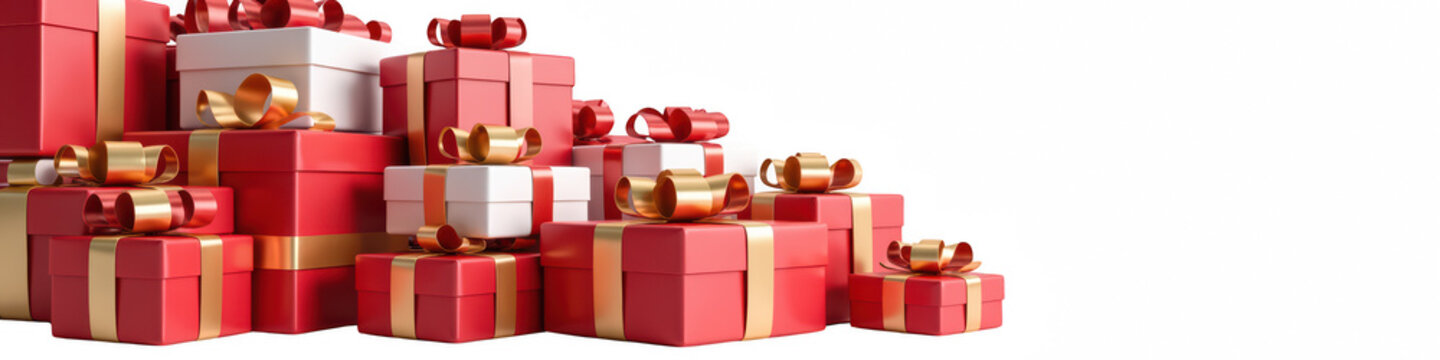 Colorful gift boxes stacked together, featuring red and white wrapping with golden bows, creating festive atmosphere for celebrations