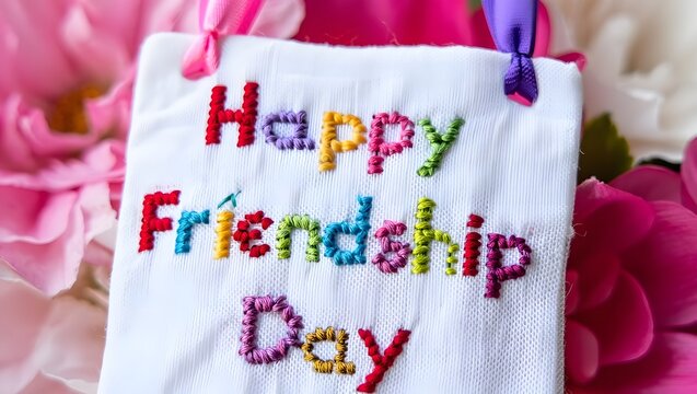 Handmade happy friendship day card with colorful embroidered letters and floral background - Powered by Adobe