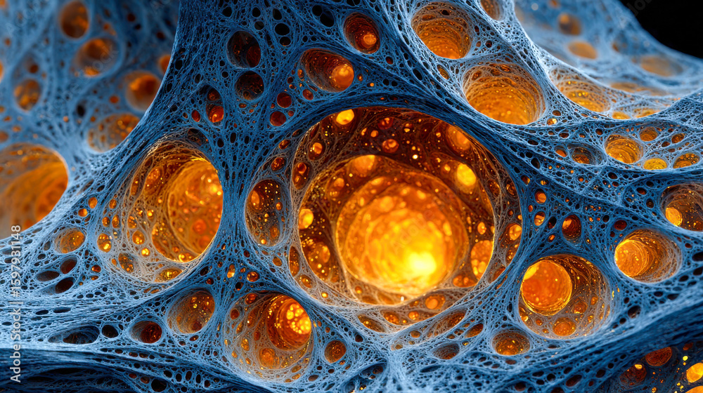 Poster intricate 3d rendering of a glowing cellular structure with complex blue mesh and fiery orange core