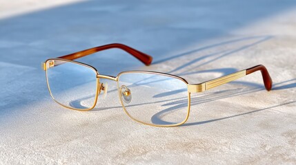 Golden hour in minimalist scene, Stylish rectangular eyeglasses with gold metal frames and brown temple tips rest on a textured surface, casting a sharp shadow.