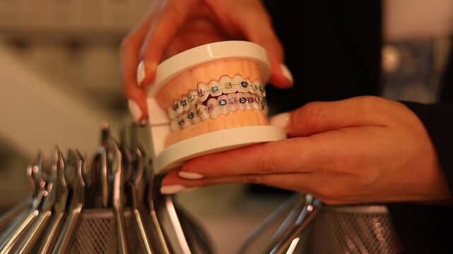 Dentist with Orthodontic tooth model and bracket or brace. Clean and Scrape off tartar. May Orthodontic Health Day, March Oral health, Dentist Day, False Teeth. Toothache and Children Dental Health