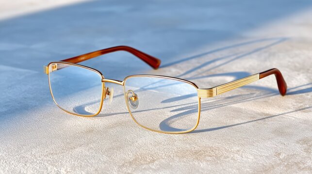 Golden hour in minimalist scene, Stylish rectangular eyeglasses with gold metal frames and brown temple tips rest on a textured surface, casting a sharp shadow.