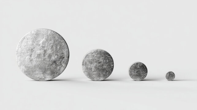 Compound Growth, A minimalist 3D scene showing a small coin leading to a slightly larger one, then an even larger one in a sequence. on light background. Representing compounding returns.