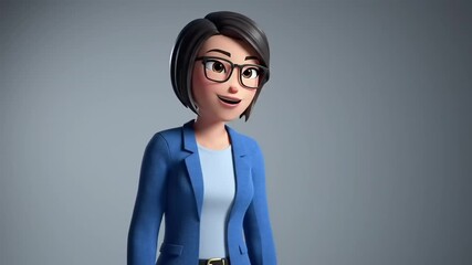 Friendly animated character in a blue blazer smiling against a neutral background, ideal for business presentations