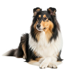 Tricolor collie dog lying down on white background