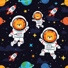 Cute lion astronauts in space: A seamless pattern perfect for kids' clothing, fabric, or wallpaper.