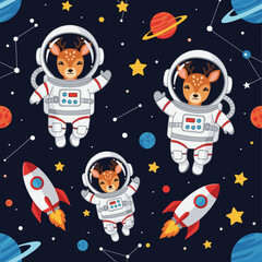 Adorable deer astronauts in space: perfect for kids' clothing, textiles, or space-themed projects.