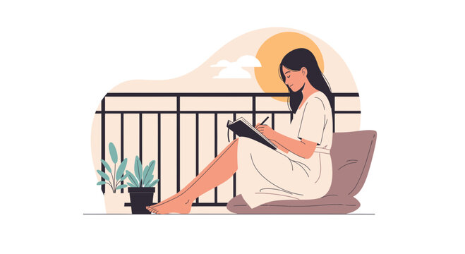 Creative Woman Writing In Notebook On Balcony At Sunrise Illustration