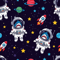 Seamless pattern of cute sharks in astronaut suits, perfect for kids' apparel or space-themed designs. © Pattern Library