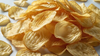 Golden potato chips with ridges and smooth texture. Crispy snack food, popular for parties and gatherings. The concept of snack foods and chips.