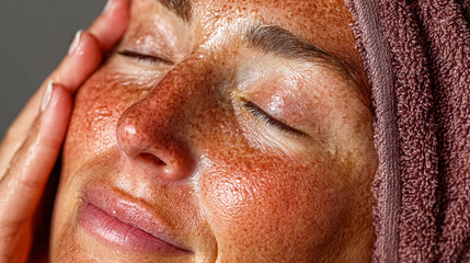 Naklejka premium Close-up of a woman receiving a facial treatment with serum application on her forehead