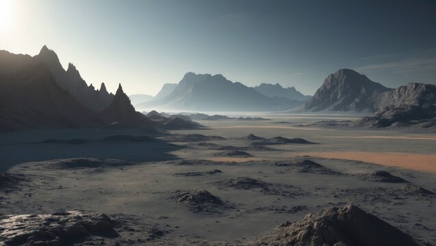 A desert landscape with towering mountains and a vast, arid plain under a clear sky.
