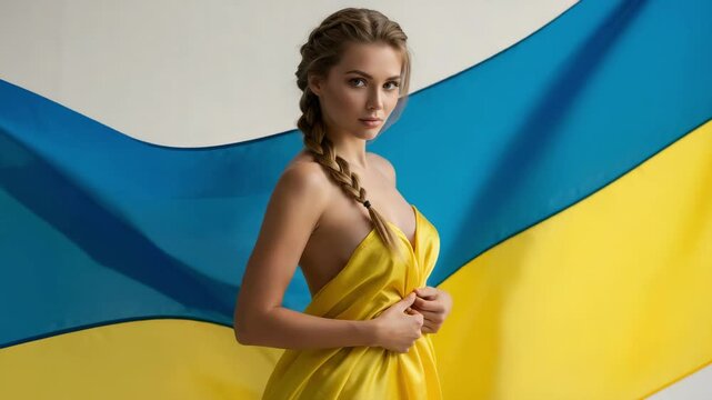 A beautiful young Ukrainian woman with a braid draped in yellow silk stands before the national flag of Ukraine.