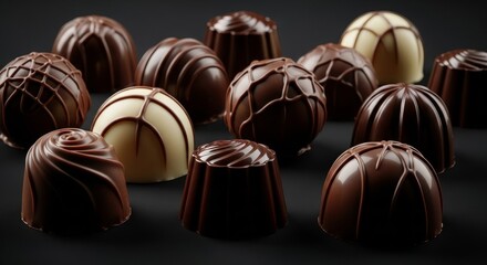 Elegant Assortment of Dark and Milk Chocolate Truffles on Black Background