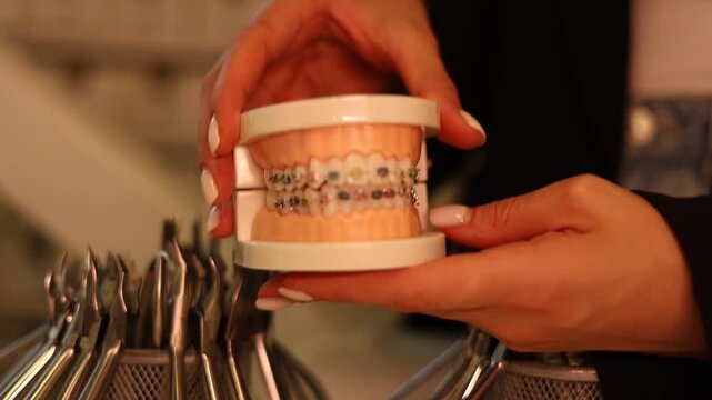 Dentist with Orthodontic tooth model and bracket or brace. Clean and Scrape off tartar. May Orthodontic Health Day, March Oral health, Dentist Day, False Teeth. Toothache and Children Dental Health