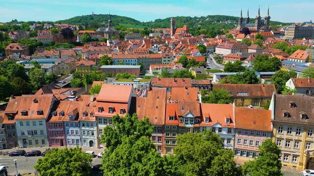 4K Aerial Drone Video of the Historic Castle, Cathedral, Abbey and Church along the Regnitz River in the Old Town area of Downtown Bamberg, Germany