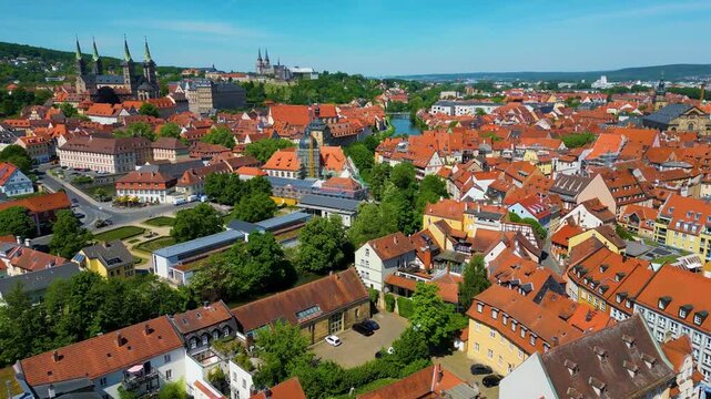4K Aerial Drone Video of the Historic Homes and Churches along the Regnitz River in the Old Town area of Downtown Bamberg, Germany