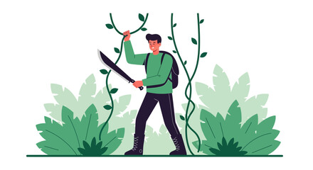Brave Explorer Navigating Lush Jungle With Machete And Adventurous Spirit