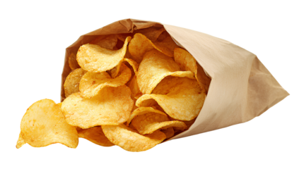 Crunchy potato chips in an opened snack bag transparent background