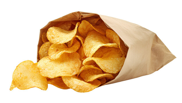  Crunchy potato chips in an opened snack bag transparent background