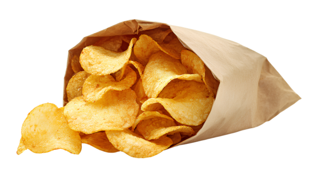  Crunchy potato chips in an opened snack bag transparent background