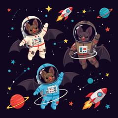 Cute bats in astronaut suits floating in space, perfect for children's books, websites, or apparel.