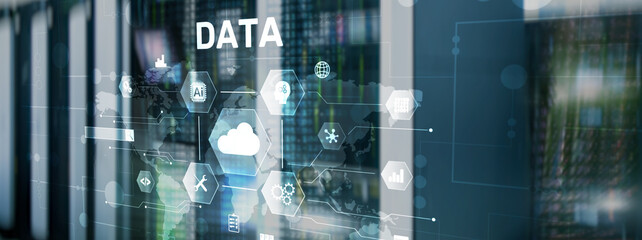 Cloud server and computing, data storage and processing on server background