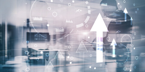 Business intelligence dashboard and arrows up, key performance indicators on a virtual screen computer interface