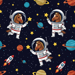 Cute horse astronauts in space: seamless pattern for kids' textile, wallpaper, or wrapping paper.