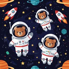 Adorable teddy bears in astronaut suits floating in space. Perfect for children's books, textile prints, or space-themed projects.