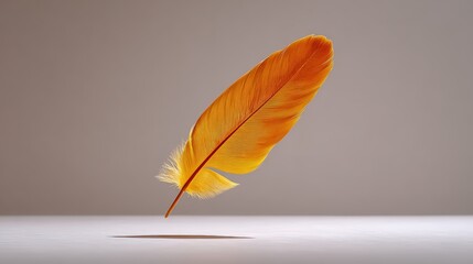 Golden hour in minimalist scene, A vibrant orange feather floats gently above a smooth surface, casting a delicate shadow on a neutral background.