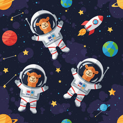 Cute llamas in spacesuits floating in space, perfect for children's books, textiles, or websites.