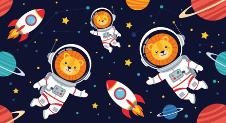 Cute lion astronauts in space: perfect for children's books, textiles, or space-themed projects.