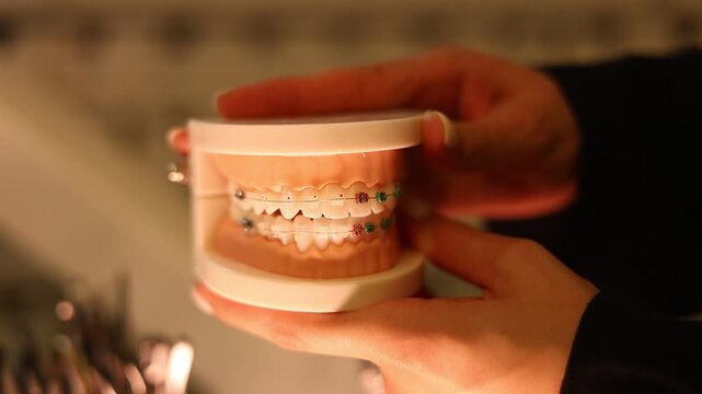Dentist with Orthodontic tooth model and bracket or brace. Clean and Scrape off tartar. May Orthodontic Health Day, March Oral health, Dentist Day, False Teeth. Toothache and Children Dental Health