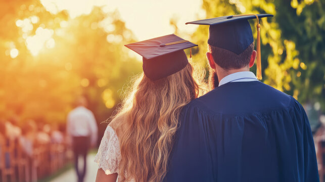 Graduates embracing a bright future together at sunset, a symbolic concept for academic achievement and new beginnings, ideal for celebration banners.