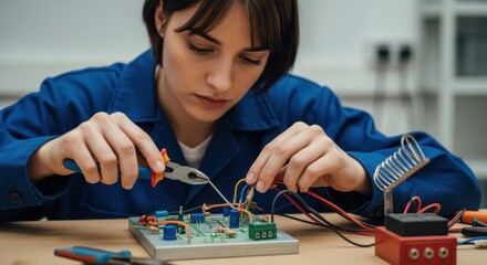 Hands of an electrical student practicing circuit connections with specialized pliers on a workbench.