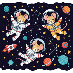 Adorable mice astronauts floating in space, perfect for children's books, websites, or space-themed designs.