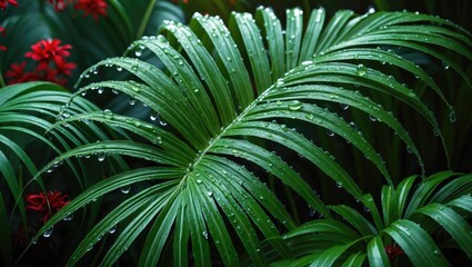 Lush green palm leaves with water droplets, tropical plants, and red flowers in the background. Nature, foliage, and humidity.