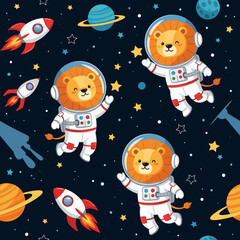 Cute lion astronauts floating in space, perfect for children's books, textiles, or websites.