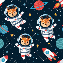 Adorable deer astronauts floating in space, perfect for kids' products, textiles, or space-themed designs.