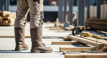 A construction worker stands on site, wearing safety boots and workwear